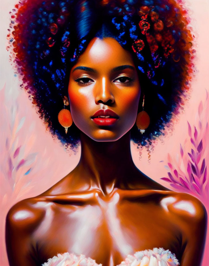 Vibrant digital artwork: woman with blue and red afro, hoop earrings, white floral accessory