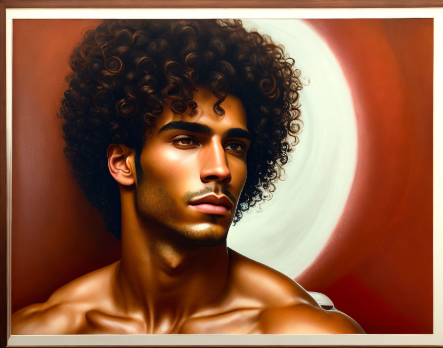 Portrait of a man with curly hair and strong jawline on cream background.