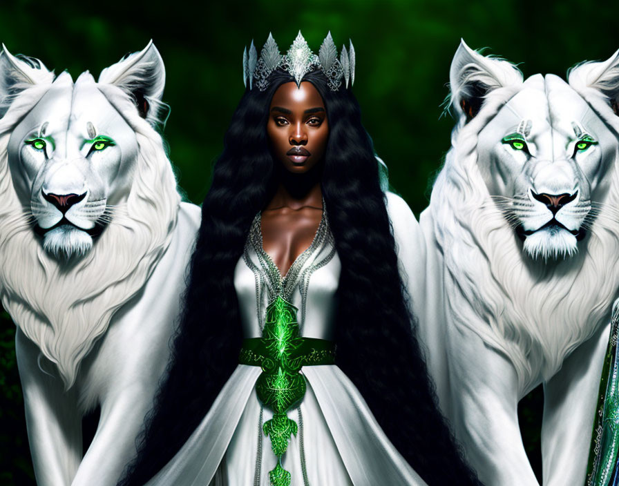 Regal woman with crown and white lions in lush green setting