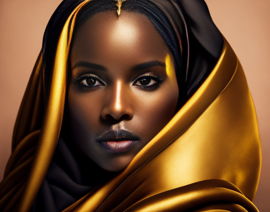 Dark-skinned woman in gold and black fabric with elegant gaze