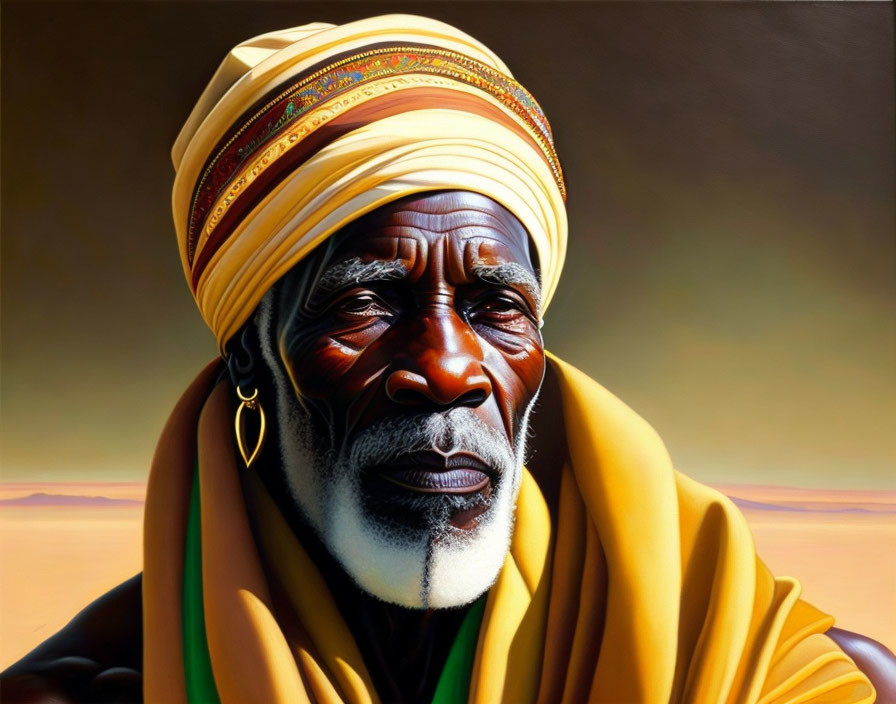 Elderly man with weathered face in vibrant turban against desert backdrop