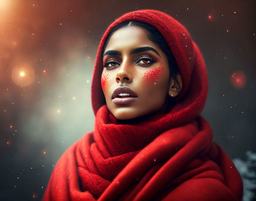 Striking woman in red headscarf with speckled makeup on soft bokeh background