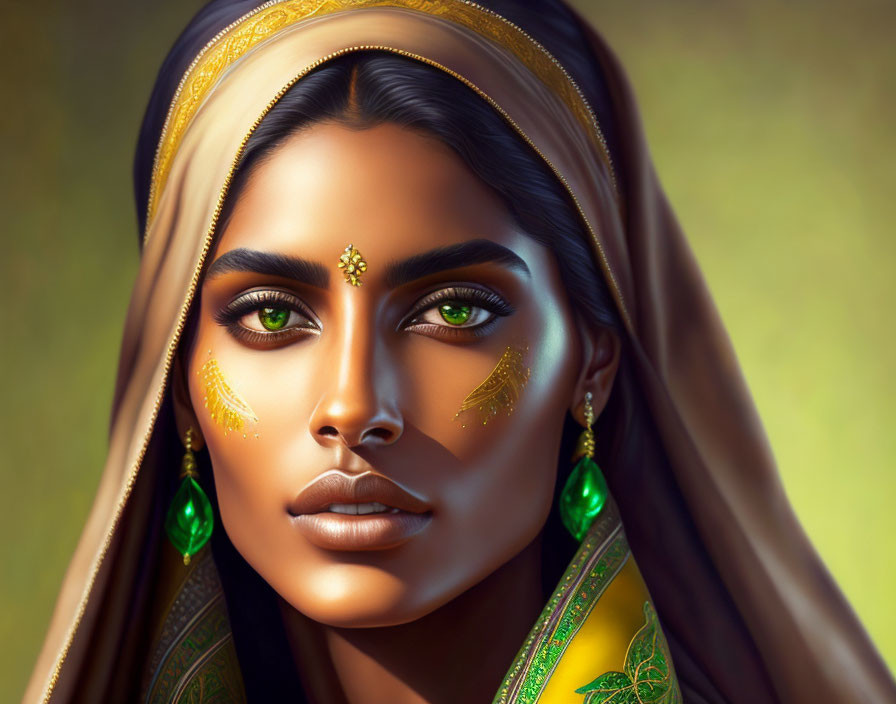 Digital artwork: Woman with green eyes in traditional attire and gold embellishments