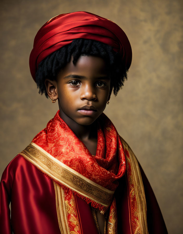 Child in red turban and shawl on gold backdrop