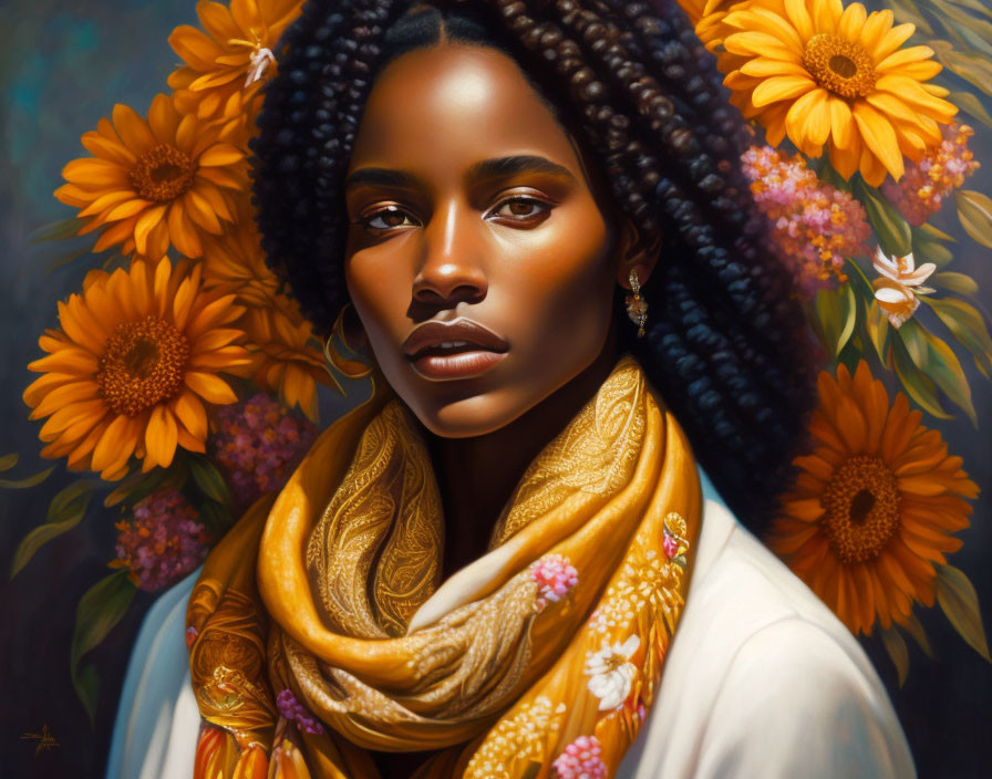 Portrait of Woman with Braided Hair and Golden Scarf Among Sunflowers