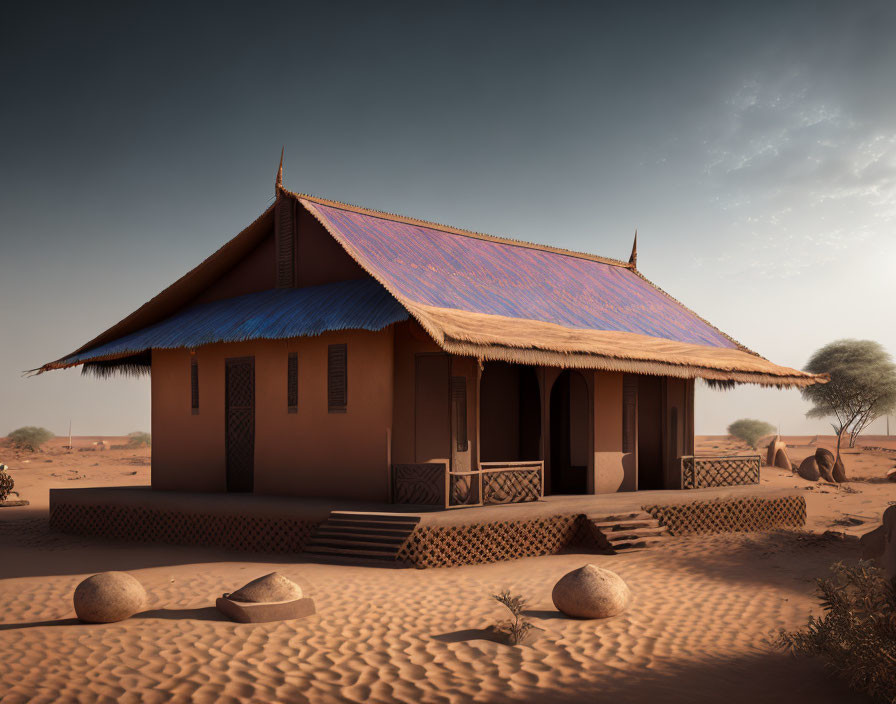 Traditional desert house with blue thatched roof and brown walls in arid landscape