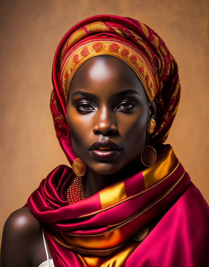 Dark-skinned woman in red and gold headwrap with large earrings