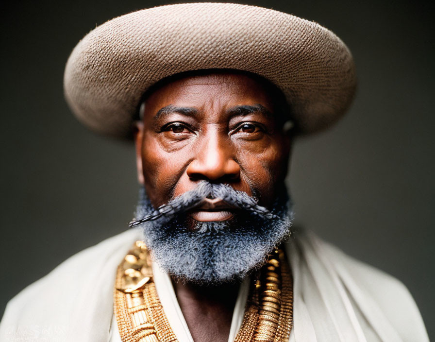 Bearded man in large hat and necklaces gazes at camera