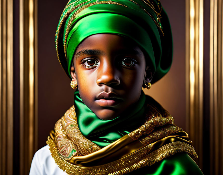 Portrait of a young person in green headscarf with gold accents on brown background