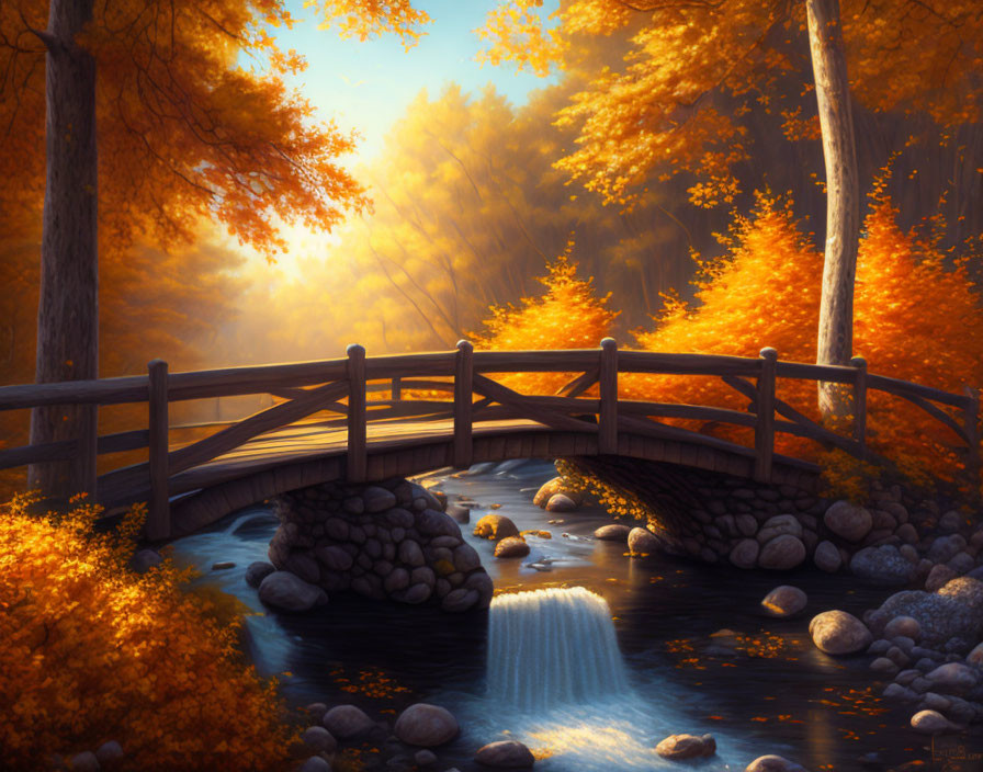 Tranquil autumn landscape with wooden bridge and waterfall