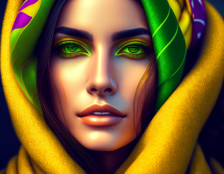 Vibrant digital art portrait of a woman with green eyes and colorful headscarf