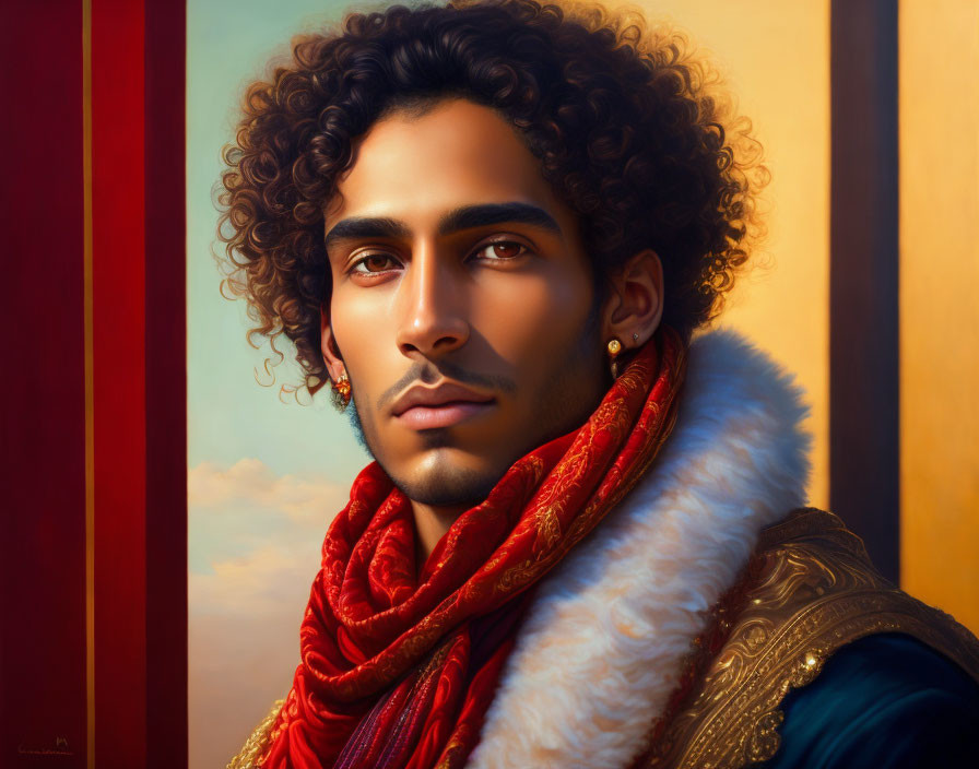 Young man with curly hair in red scarf and blue jacket with white fur, gazing afar