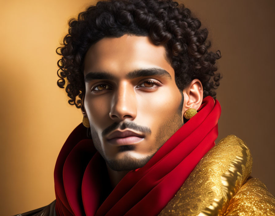 Man with Curly Hair in Red Scarf and Golden Outfit on Amber Background