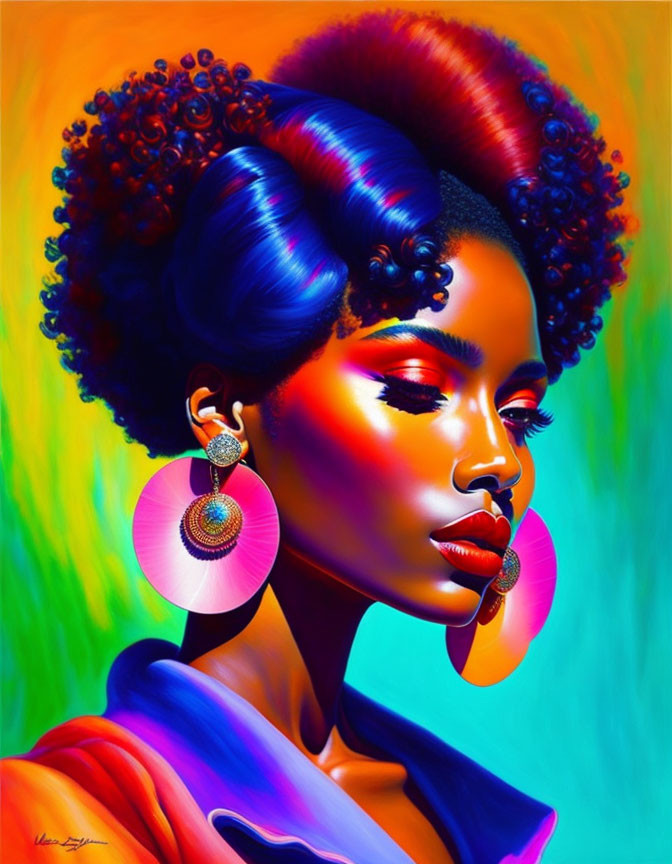 Colorful portrait of woman with vibrant hair and bold makeup against multi-colored backdrop