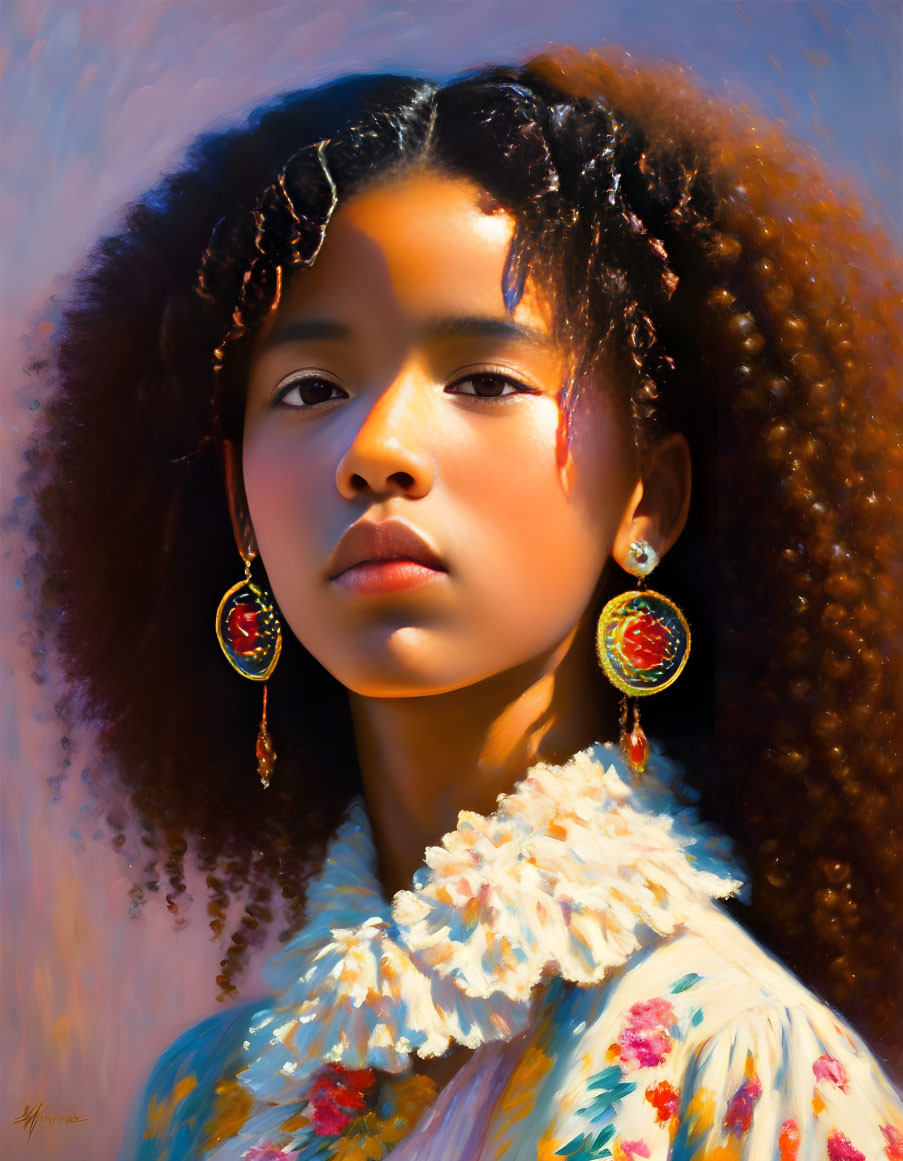 Young girl with curly hair, circular earrings, floral top, gazing sideways