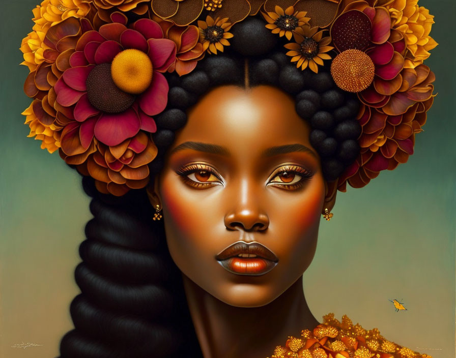 Portrait of a woman with floral headpiece and butterfly accent in warm autumn colors