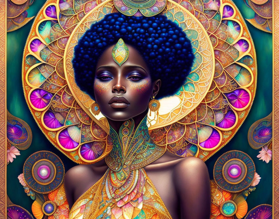 Dark-skinned woman with blue hair in vibrant mandala setting