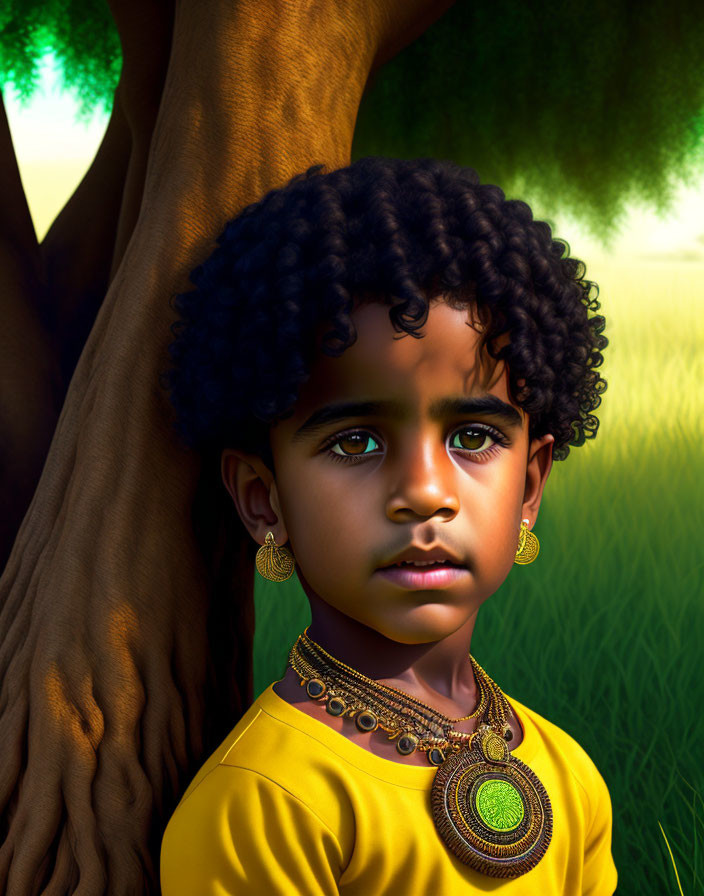 Curly-Haired Child in Yellow Top Leaning Against Tree