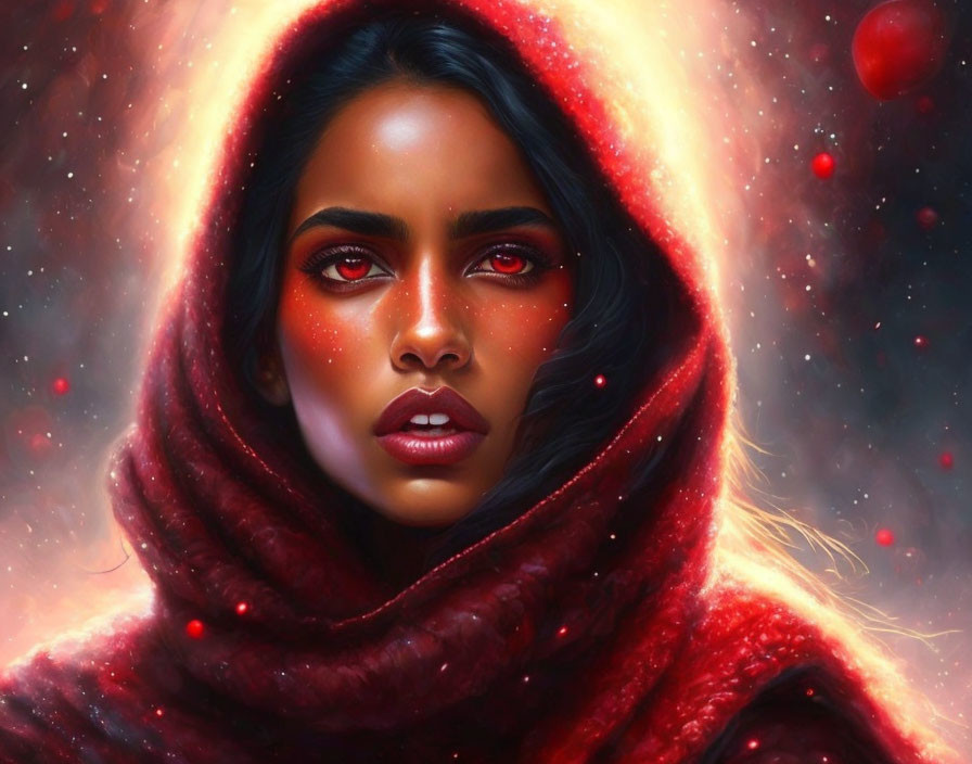 Digital Artwork: Woman with Red Eyes and Red Hood in Cosmic Setting