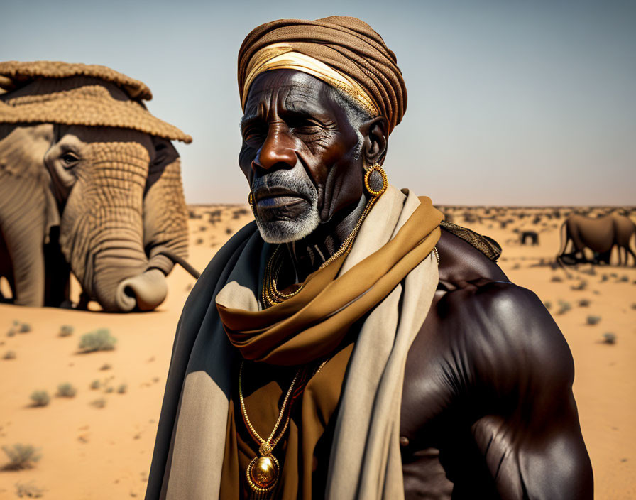 Elderly man in traditional attire with elephants in desert