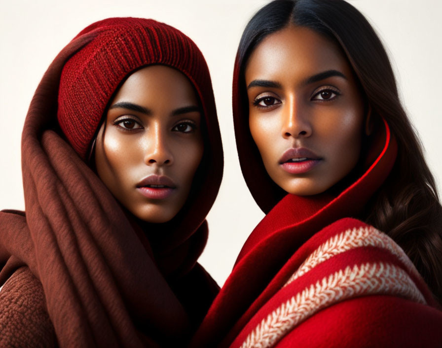 Two women in red and brown headscarves gaze confidently at the camera