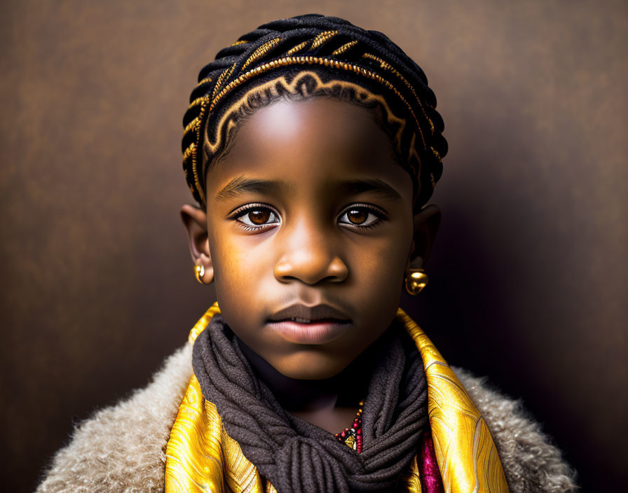 Portrait of young girl with braided hair, gold earrings, and yellow scarf on brown background