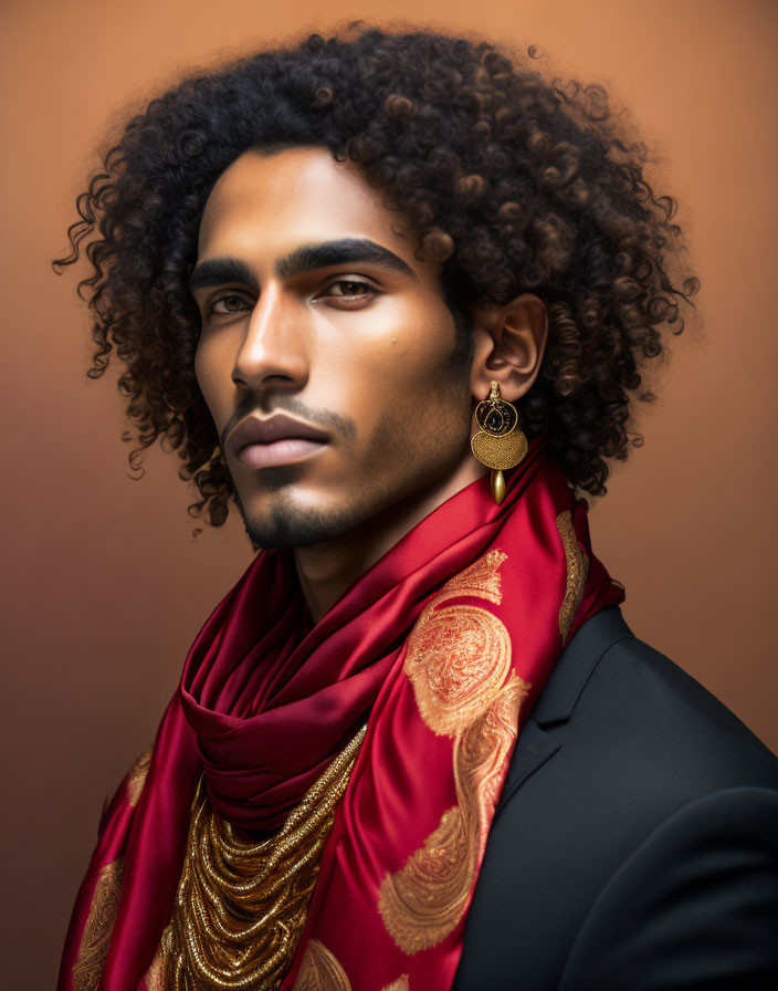 Curly-haired person with red scarf and gold-embroidered jacket on tan background.