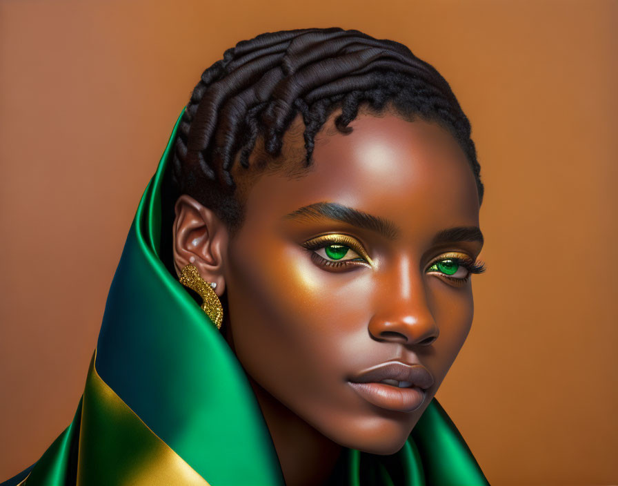 Portrait of a person with braided hair, green eye makeup, draped fabric, gold earrings on och