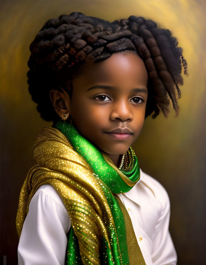 Child with braided hair in white shirt and green scarf on golden brown background