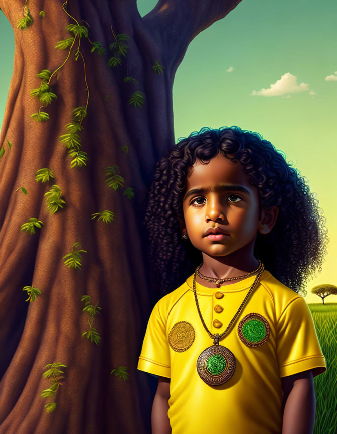 Curly-Haired Child in Yellow Shirt by Tree