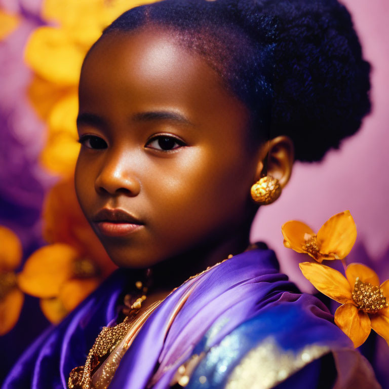 Dark-haired girl in purple dress with golden jewelry among yellow flowers on purple background