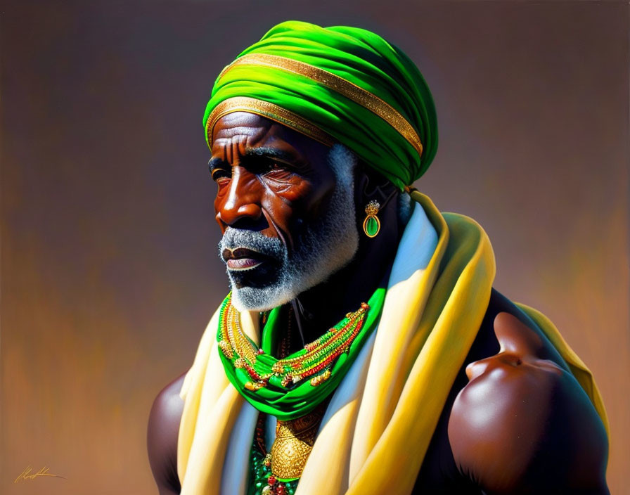 Elder man in green turban and yellow drape with gold earrings and bead necklaces gazes