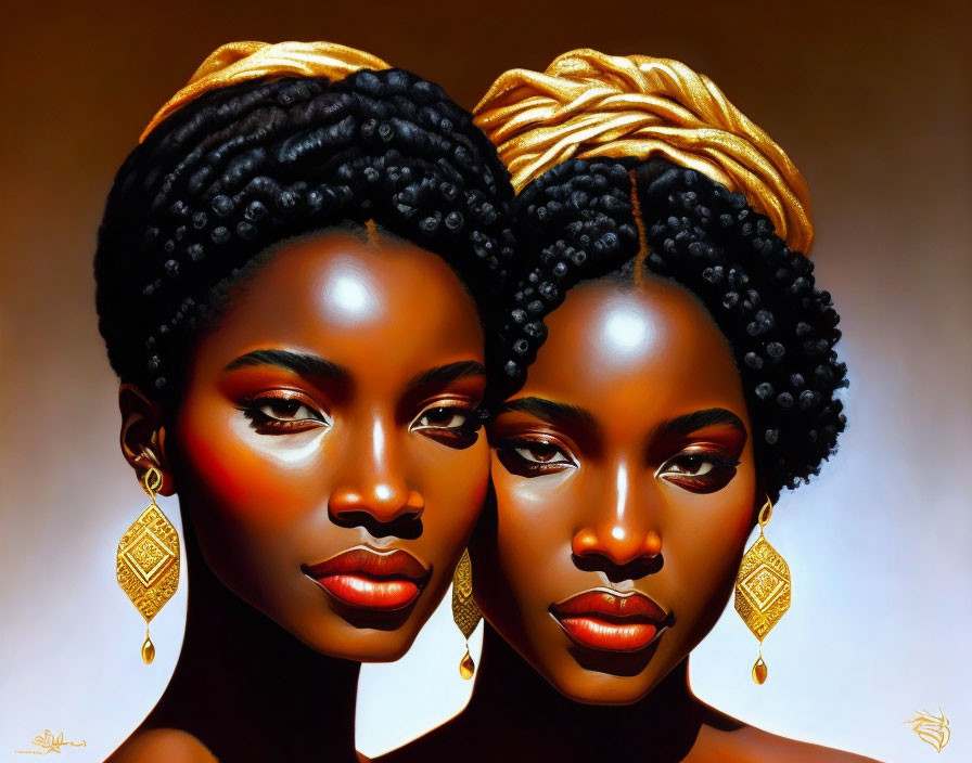 Intricately styled hair and golden earrings on two women in warm tones