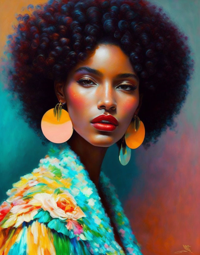 Vibrant painting of woman with voluminous afro and red lips