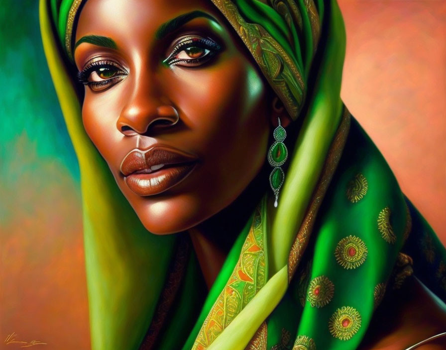 Portrait of Woman with Striking Eyes in Green Headwrap and Earrings