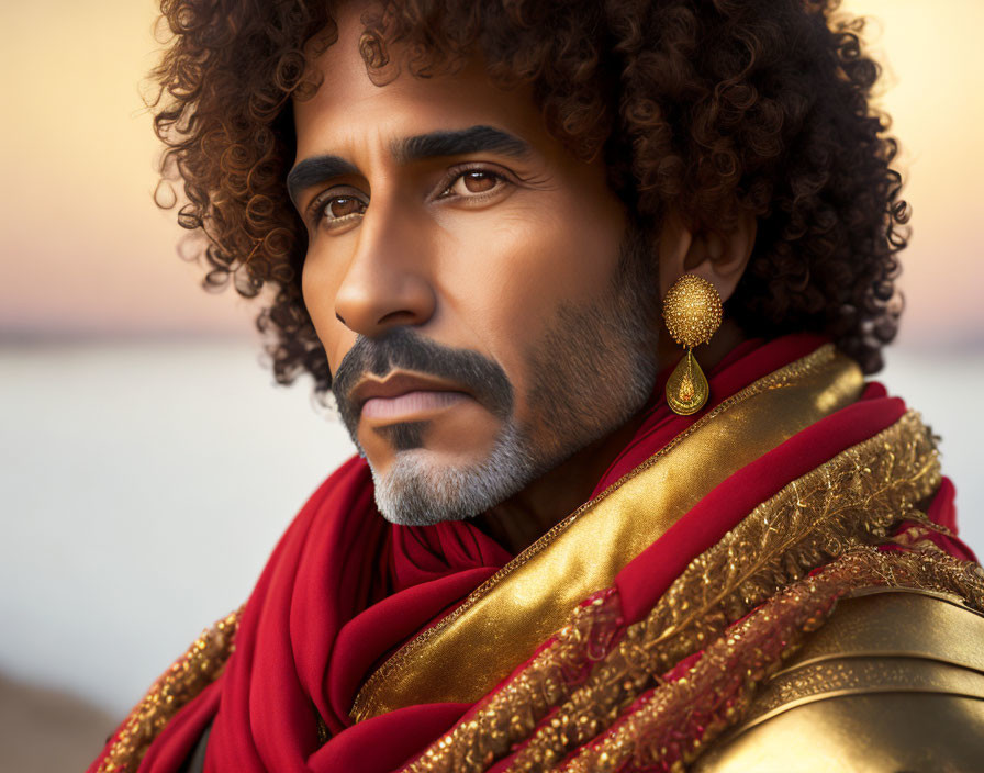 Curly-Haired Man in Red Cloak with Gold Earring