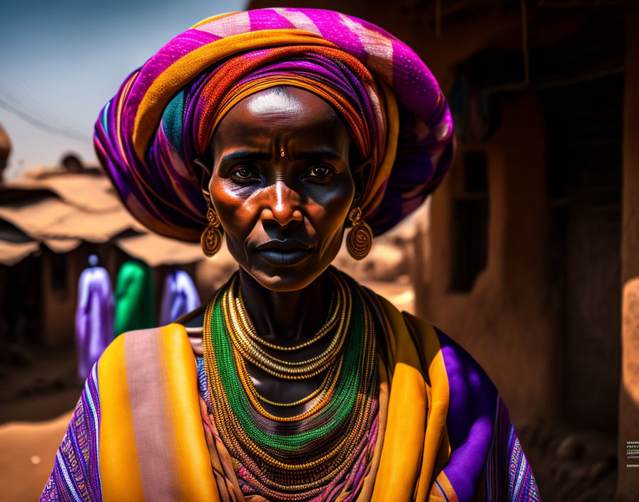 Colorful Headscarf and Traditional Jewelry on Woman in Sunlit Alleyway