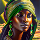 Woman Portrait with Green Headscarf and Earrings in Desert Setting