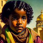 Young child in traditional attire with curly hair and golden-domed structure.