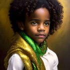 Child with braided hair in white shirt and green scarf on golden brown background