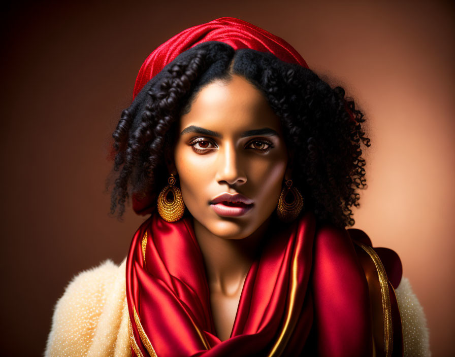 Dark-haired woman in red headscarf and gold earrings on warm background