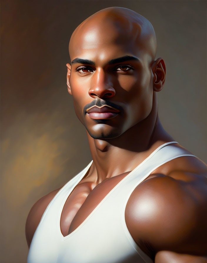 Muscular bald man in white tank top with strong jawline and cheekbones