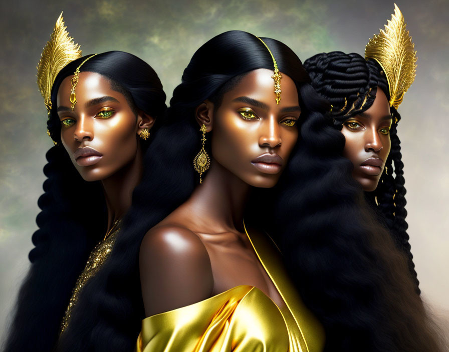 Golden headpieces and jewelry on three women with dark flowing hair and golden clothing against an ethereal backdrop