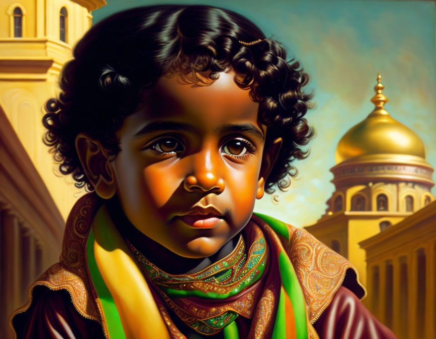 Young child in traditional attire with curly hair and golden-domed structure.