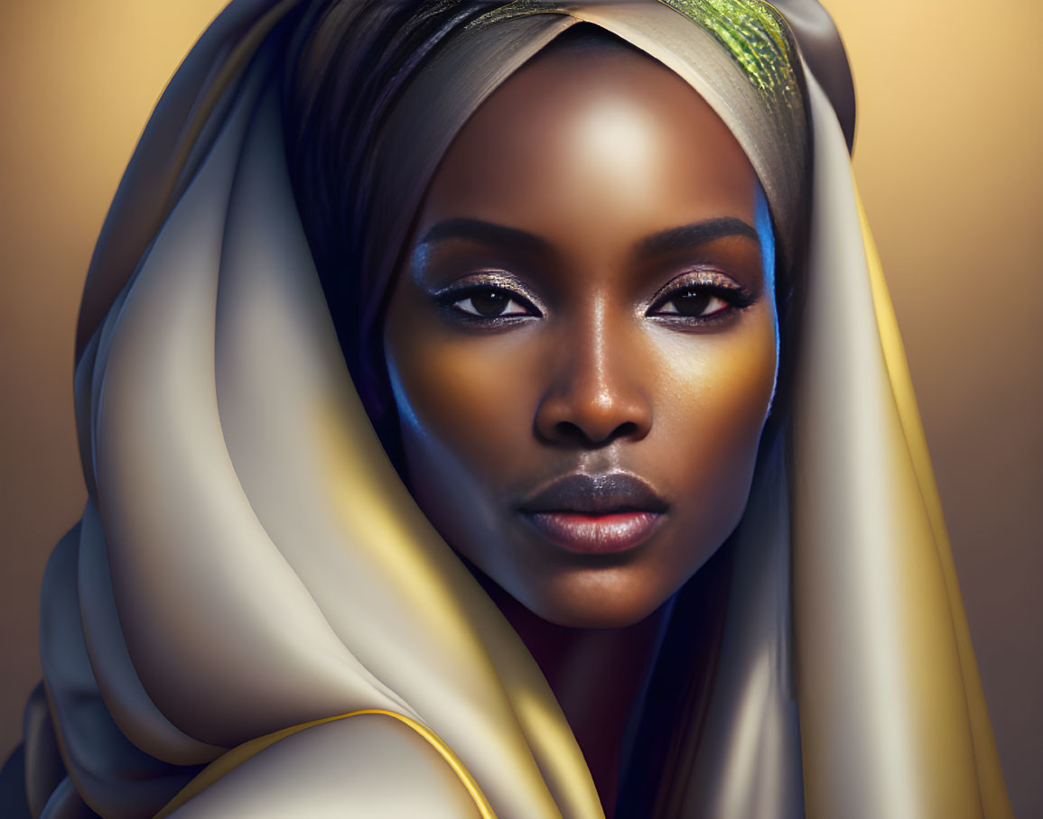 Illustrated portrait of a woman with striking makeup and headscarf in golden and blue tones