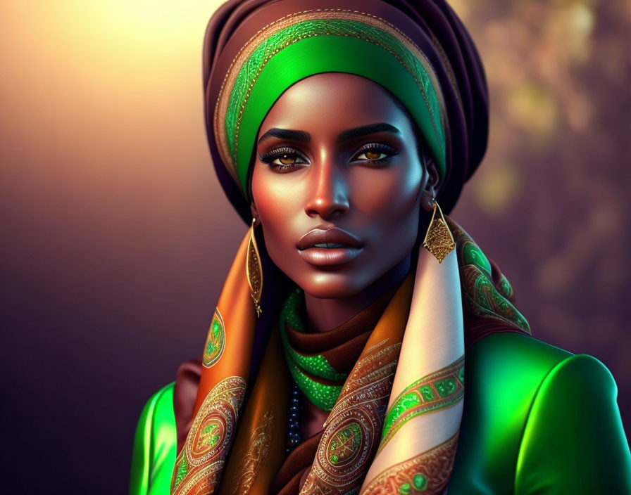 Portrait of woman in green and gold headwrap against warm background