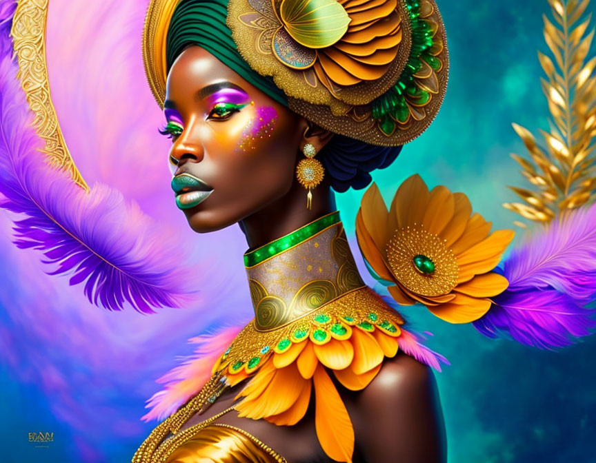 Colorful digital portrait of a woman with peacock feather headdress and golden jewelry