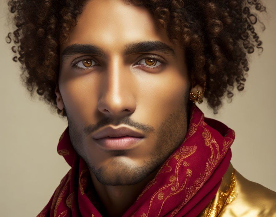 Curly Haired Man in Red Scarf and Golden Attire with Piercing Eyes