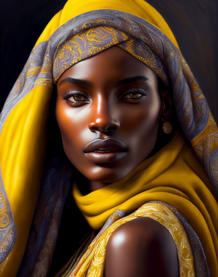 Portrait of a Woman in Yellow Headscarf with Striking Features