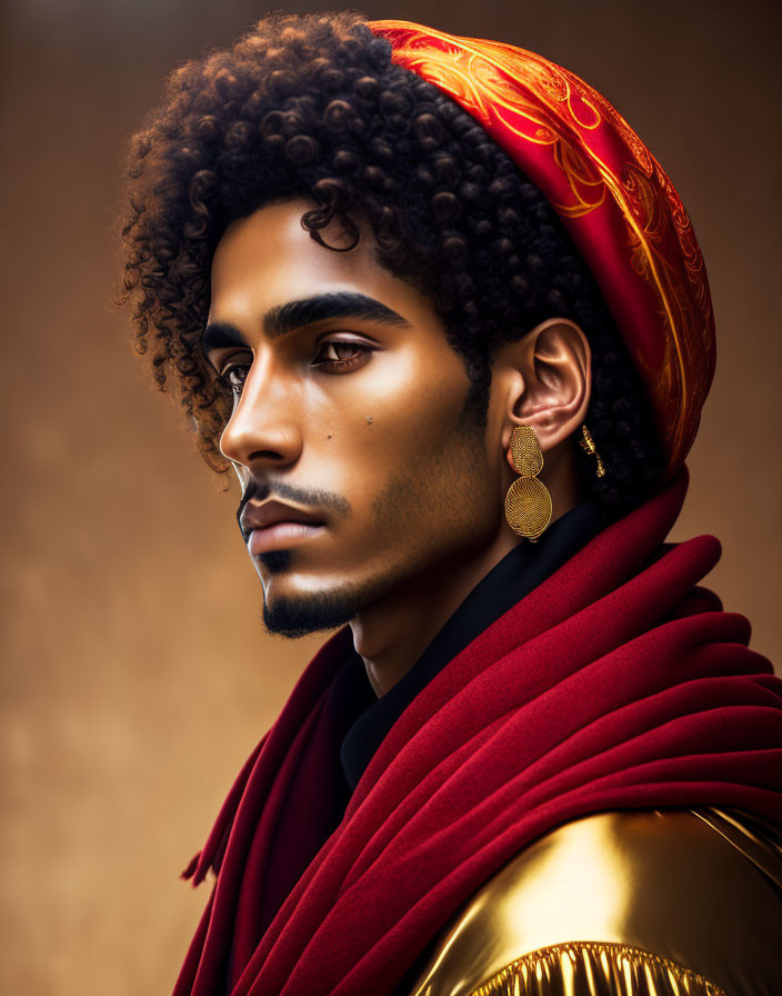 Portrait of man with curly hair in gold earring, red turban, and scarf on golden background